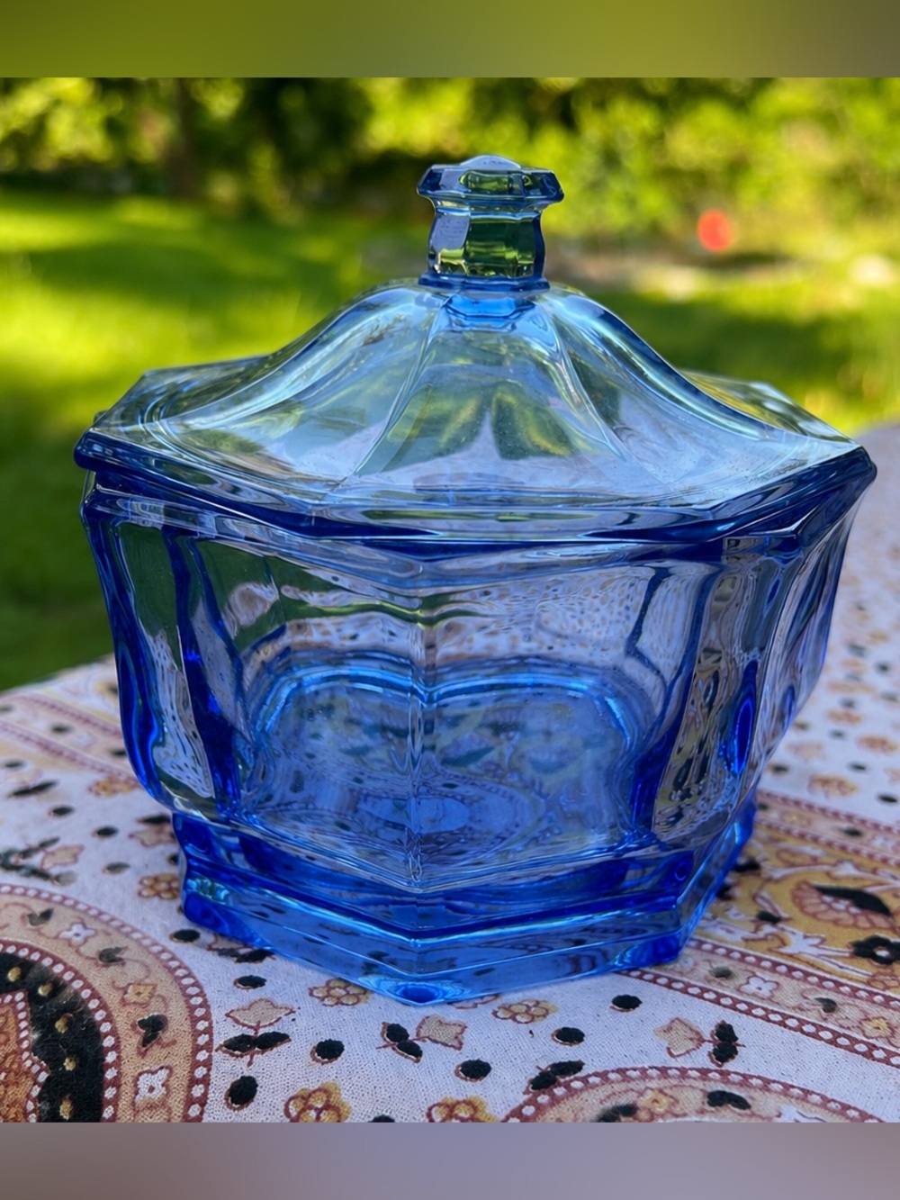 Vintage Indiana Glass Concord Blue Octagon Lidded Candy Dish | Retro Art Glass